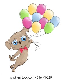 Cute puppy flying in a balloon. Puppy with big blue eyes