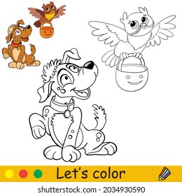 Cute puppy and a flying owl with a pumpkin. Halloween concept. Coloring book page for children with colorful template. Vector cartoon illustration. For print, preschool education and game