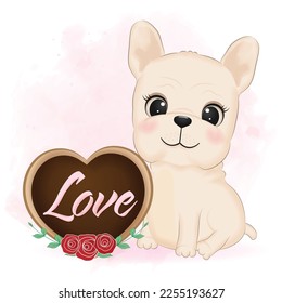 Cute Puppy French Bulldog and heart cookie valentine's day concept illustration