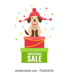 Cute puppy in funny hat sitting on the gift boxes. Christmas and New Year sale, xmas discount concept. Vector illustration.