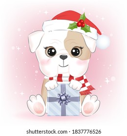 Cute puppy with gift box in winter and Christmas illustration