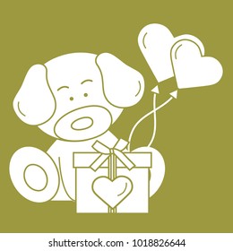 Cute puppy with gift, hearts and balloons. Greeting card Valentine's Day. Design for banner, poster or print.