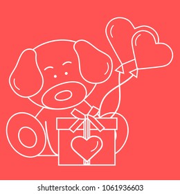Cute puppy with gift, hearts and balloons. Greeting card Valentine's Day. Design for banner, poster or print.