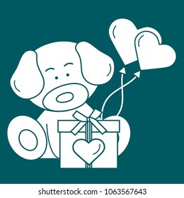 Cute puppy with gift, hearts and balloons. Greeting card Valentine's Day. Design for banner, poster or print.