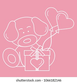 Cute puppy with gift, hearts and balloons. Greeting card Valentine's Day. Design for banner, poster or print.