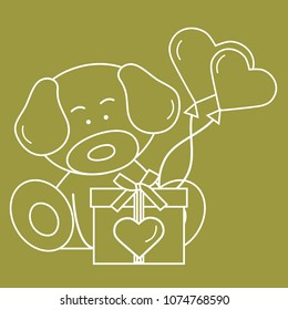 Cute puppy with gift, hearts and balloons. Greeting card Valentine's Day. Design for banner, poster or print.