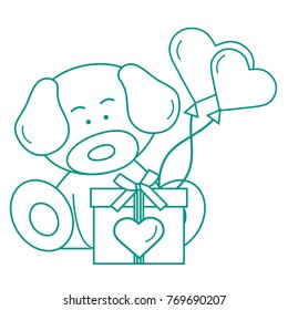 Cute puppy with gift, hearts and balloons. Greeting card Valentine's Day. Design for banner, poster or print.