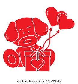 Cute puppy with gift, hearts and balloons. Greeting card Valentine's Day. Design for banner, poster or print.