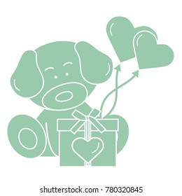 Cute puppy with gift, hearts and balloons. Greeting card Valentine's Day. Design for banner, poster or print.