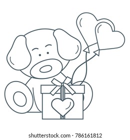 Cute puppy with gift, hearts and balloons. Greeting card Valentine's Day. Design for banner, poster or print.