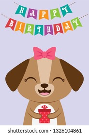 Cute puppy girl with a present in paws. Happy birthday card or party invitation with cartoon dog. Vector illustration