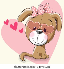 Cute puppy girl with sunglasses on a heart background
