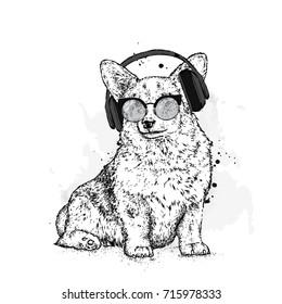 Cute puppy with glasses and headphones. Vector illustration for a postcard or a poster, print for clothes. Pedigree dog. Welsh Corgi. Music.
