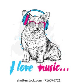 Cute puppy with glasses and headphones. Vector illustration for a postcard or a poster, print for clothes. Pedigree dog. Welsh Corgi. Music.
