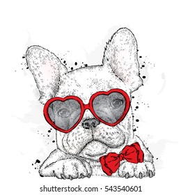 Cute puppy with glasses Heart. Vector illustration for a card or poster. Valentine's Day.