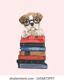 Cute Puppy In Glasses With The Pile Of Books Illustration