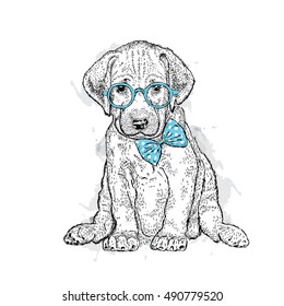 Cute puppy with glasses and tie. Illustration for a card or print on clothes. Poster. Vector drawing