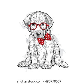 Cute puppy with glasses and tie. Illustration for a card or print on clothes. Poster. Vector drawing
