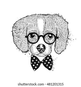 Cute puppy with glasses and tie. Vector illustration for a card or poster. Print on clothes. Dog. Pet. Fashion & Style.