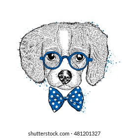 Cute puppy with glasses and tie. Vector illustration for a card or poster. Print on clothes. Dog. Pet. Fashion & Style.