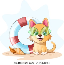 Cute puppy in goggles with a lifebuoy and a seashell