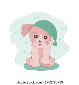 Cute puppy in a green nightcap. Outline colorful drawing little dog pet. Baby animal concept vector illustration in cartoon style for nursery, character for children.