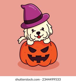 Cute puppy in a Halloween pumpkin costume. Happy Halloween illustration. Vector image in cartoon style. It can be used for sticker, patch, phone case, poster, t-shirt, mug and other design.