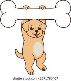 A cute puppy is hanging by the bone. minimal line art vector illustration.
