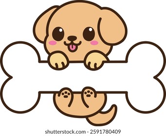 A cute puppy is hanging by the bone. minimal line art vector illustration.