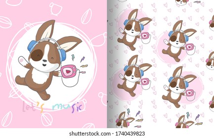 Cute puppy happy listen music with seamless pattern
