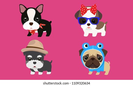 Cute puppy hat, bow tie, wearing glasses, fancy clothes, vector illustration