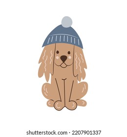 Cute puppy in hat. Funny dog wearing warm clothes vector illustration. For pet shop, kids, print, logo, label, emblem, winter fall or autumn concept design