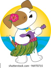 Cute Puppy Hawaii A cute puppy in a grass skirt, with a hibiscus flower in its ear, is crooning away while playing the ukulele.