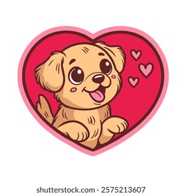 Cute puppy in a heart-shaped pink frame, adorable dog and a heart, Valentines Day illustration