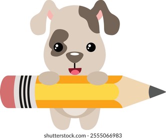 Cute puppy holding a big pencil
