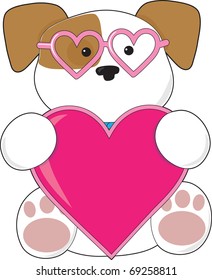 A cute puppy holding a big pink heart and wearing heart shaped sunglasses