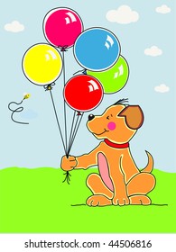 Cute puppy holding colorful balloons and bee watching dangerously. Made in layers. Editable.