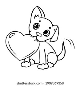 Cute puppy holding a heart. Black and white drawing. Children's coloring book. Valentine's card. 