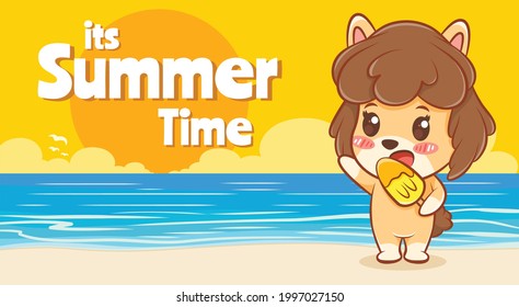 cute puppy holding ice cream with a summer greeting banner.