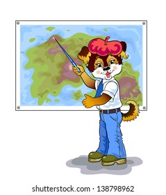 Cute puppy holding a pointer. It shows an object on the map. Map hanging on the wall. Merry painting for kids.