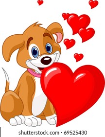 Cute puppy holding a red heart in her mouth. Add your own text.