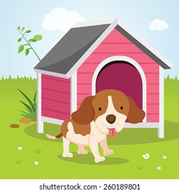 Cute puppy house. Happy dog by a house.