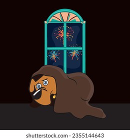 A cute puppy huddles under a blanket as fireworks explode outside the window behind him.