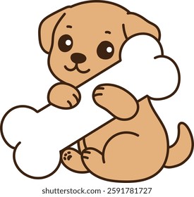 A cute puppy hugging a big bone. minimal line art vector illustration.