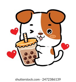 Cute Puppy Hugging Bubble Milk Tea. Kawaii Style Cartoon