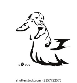 Cute puppy hugging a duck. Cheerful inseparable dog and bird. Stylized graphic gestalt image animals