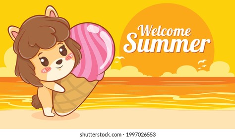 cute puppy hugging ice cream with a summer greeting banner.