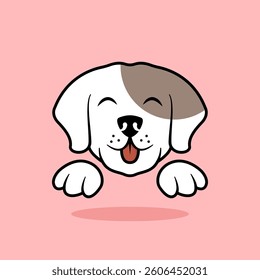Cute puppy illustration. Small white dog logo. Dog smile character