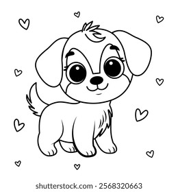 A cute puppy illustration, surrounded by hearts. Perfect for coloring activities, kids' art projects, or pet-related promotions.