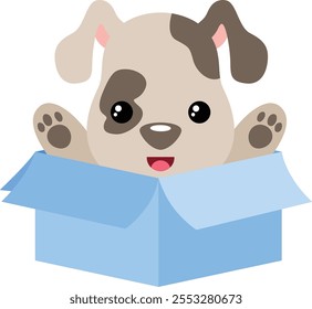 Cute puppy inside cardboard box
